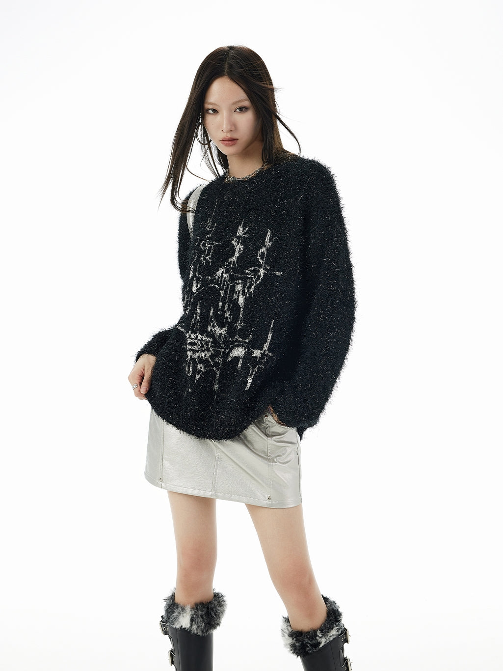 Modern Crew-Neck Long Fluffily Mohair-Knit