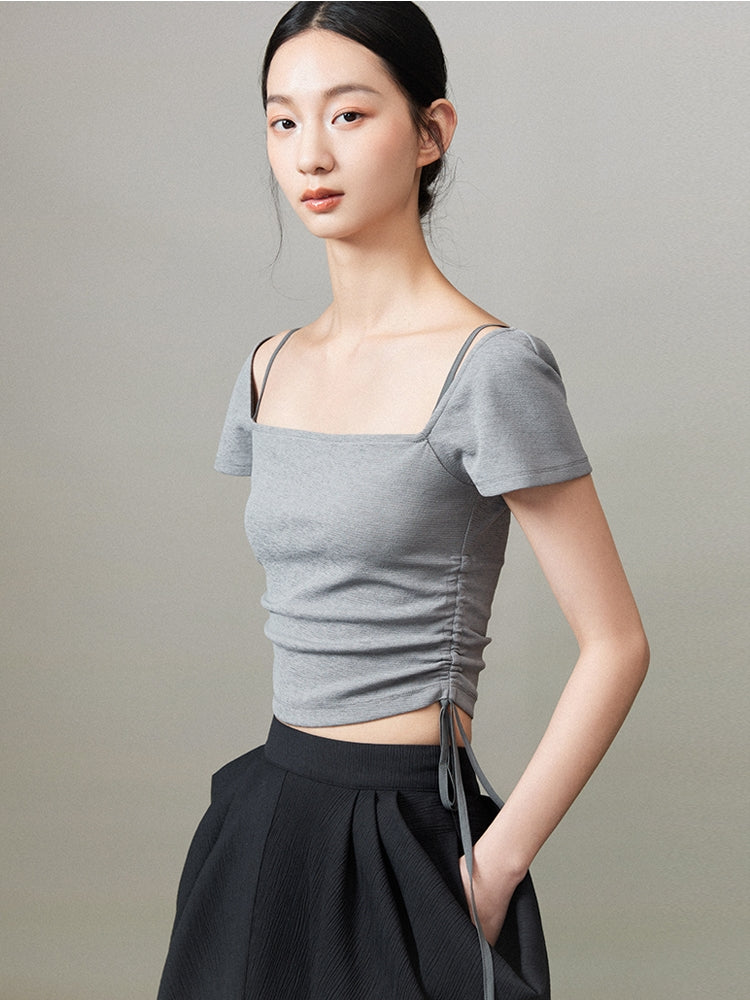 Drawstring Simple Cropped Tops