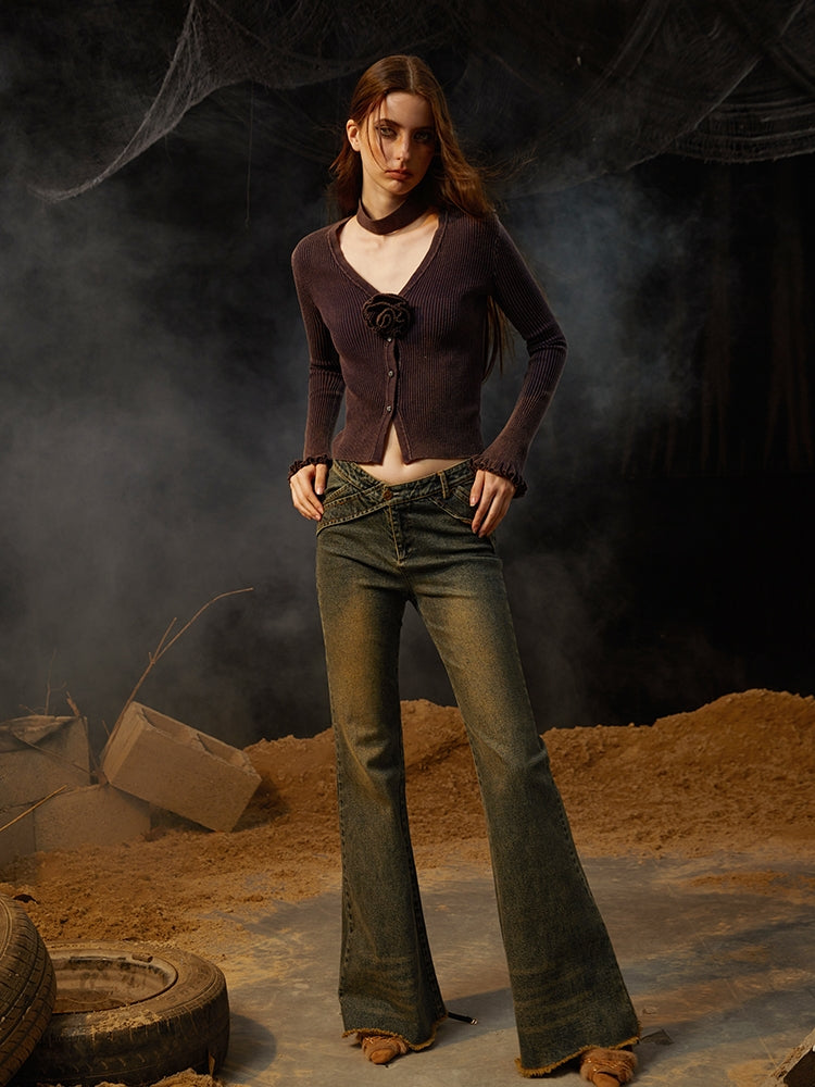 Rose Corsage Slim Retro Retro Plain Knit &amp; Denim-Pants