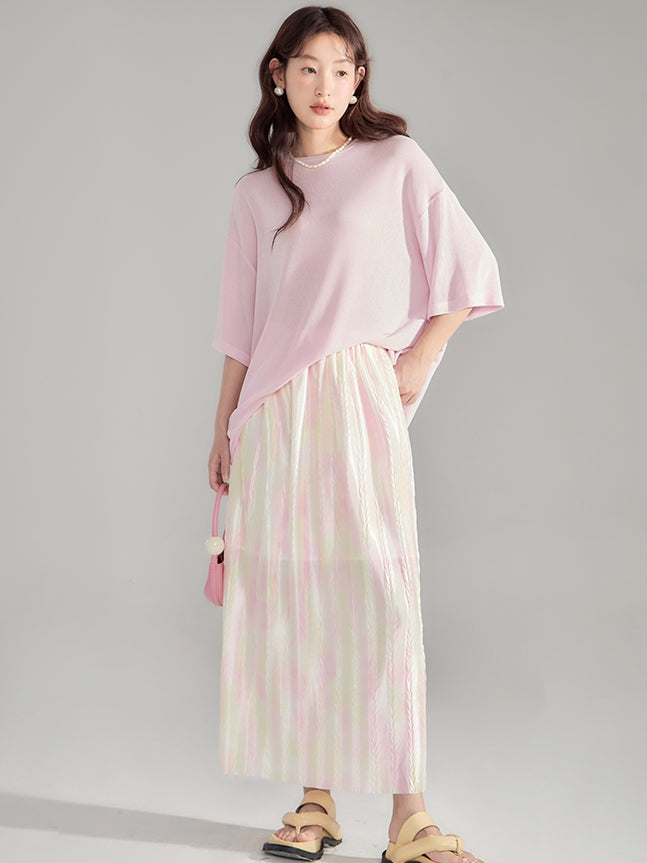 Crumply Tie-Dye Pale-Tone Thin Lng-Skirt