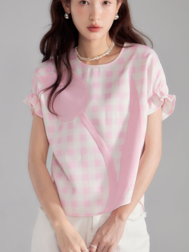 Checked Tulip Girly Candy-Sleeve Blouse＆Long-Skirt