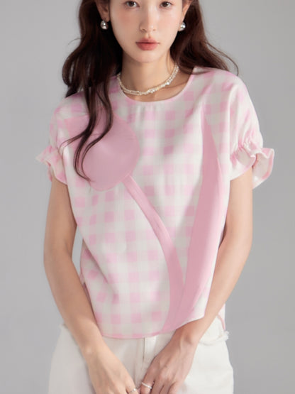 Checked Tulip Girly Candy-Sleeve Blouse &amp; Long-Skirt