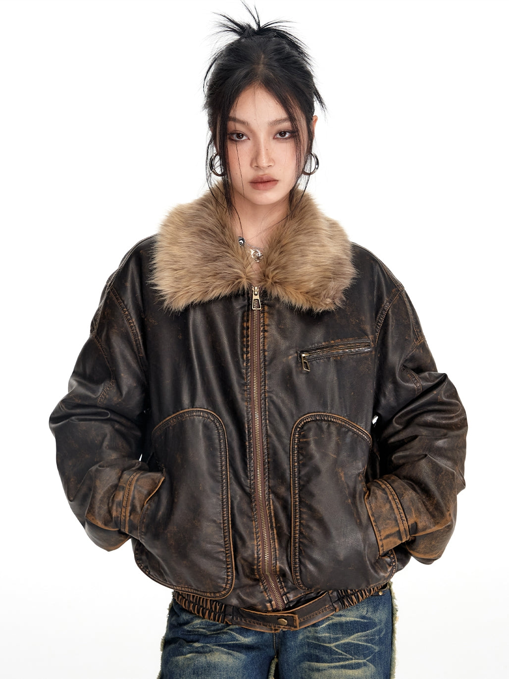 Leather Handsome Fur-Collar Faded Vintage Jacket