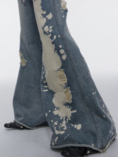 Damage Paint Denim Wide-Leg Flare-Pants