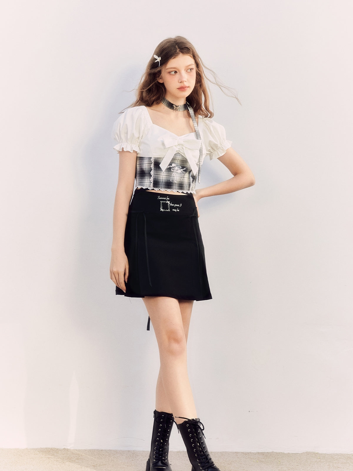 Checked Lace Ribbon Girly Blouse&amp;Mini-Skirt