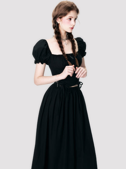 Puff-Sleeve Cropped Lace-Up Back-Open Blouse&amp;Long-Skirt