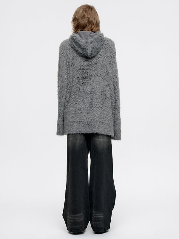 Oversize Long Fluffily Chic Hoodie Earth-Color Mohair-Knit