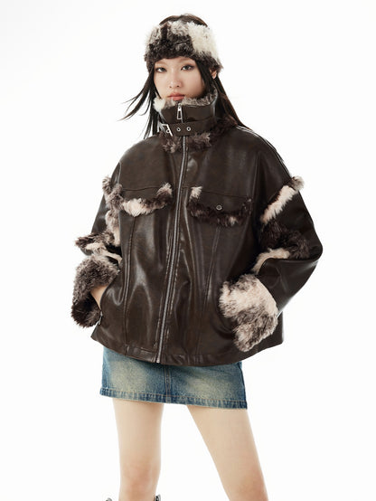 Fur Speckled Cool Stand-Collar Belt Leather-Jacket