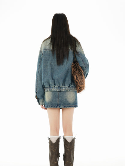 Denim＆Leather Faded Double-Zip Jacket