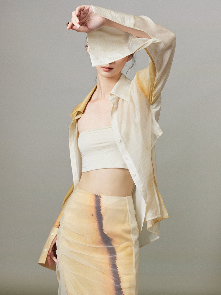 Aquarell-Back-Open-Krawatten-Dye Sheer Oversize Shirt