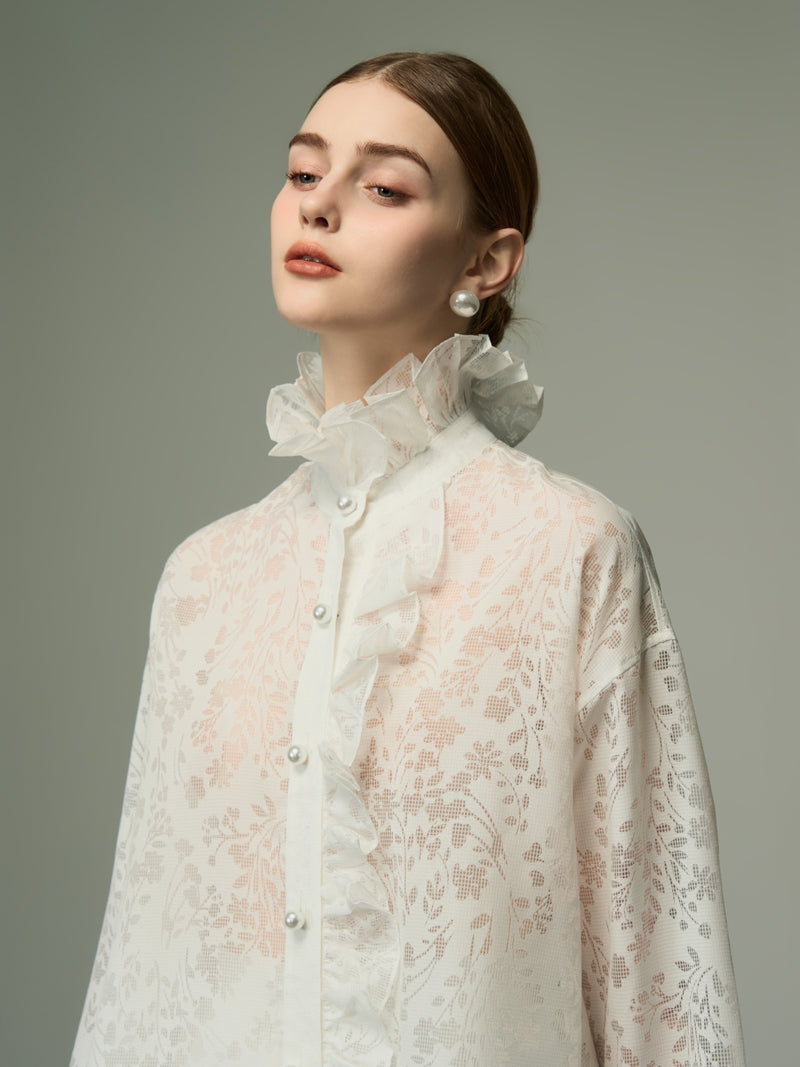 Lace Sheer Elegant Retro High-Neck Frill Blouse