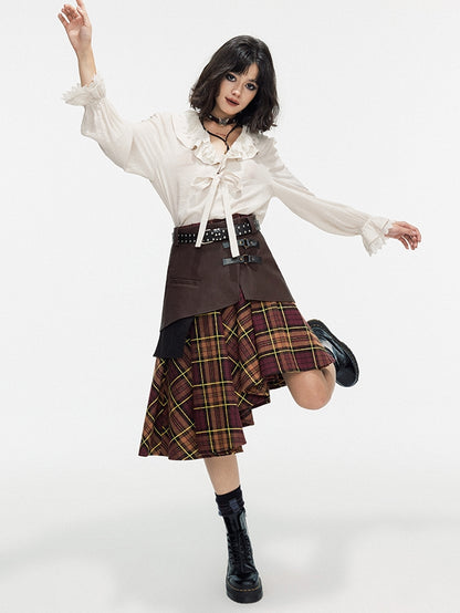 Asymmetry Checked Retro Belt Girly Flare-Skirt