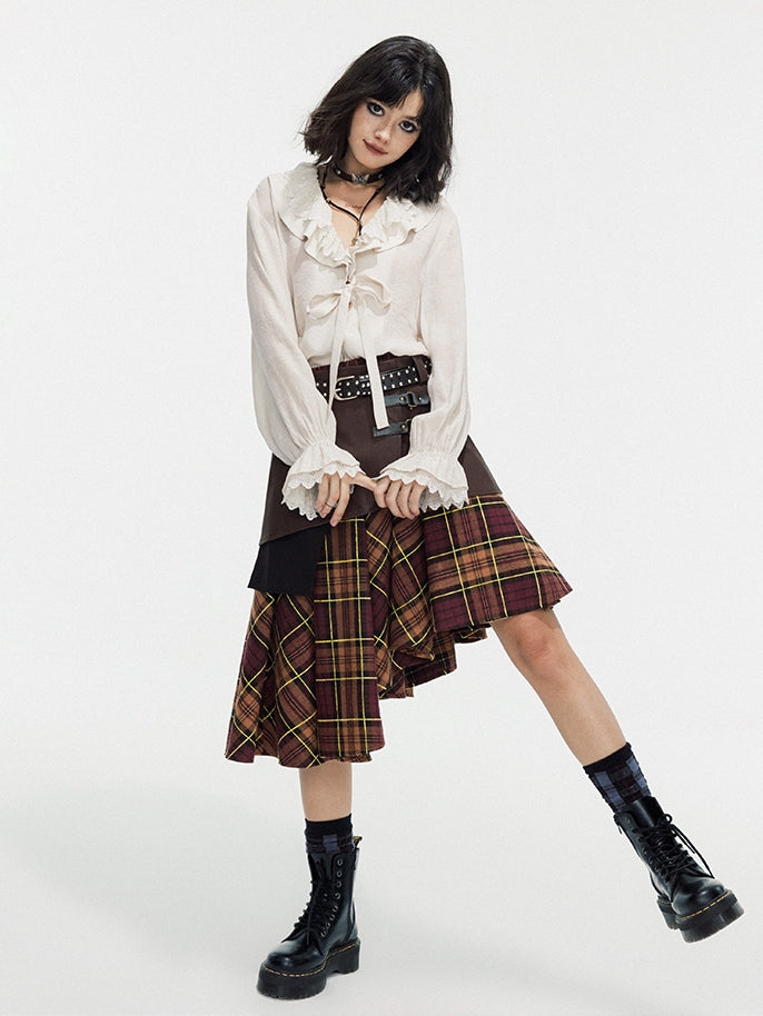 Asymmetry Checked Retro Belt Girly Flare-Skirt