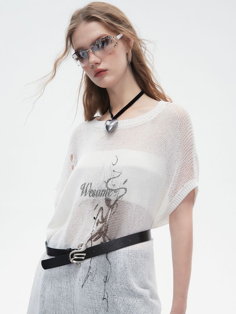 Sheer Asymmetry Mesh Damage Long-Tops