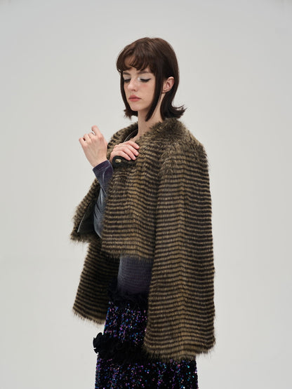 Border Fur Fluffily No-Collar Loose Jacket