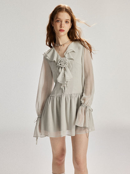 Sheer Flare-Sleeve Ciffon Frill Flower Mini-One-Piece