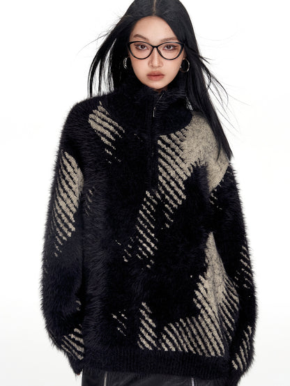 High-Neck Fluffily Half-Zip Casual Oversize Mohair-Knit