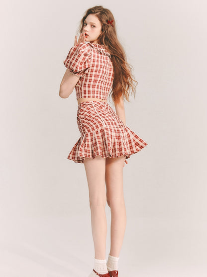 Checked Girly Puff-Sleeve Cute Blouse&amp;Mini-Skirt