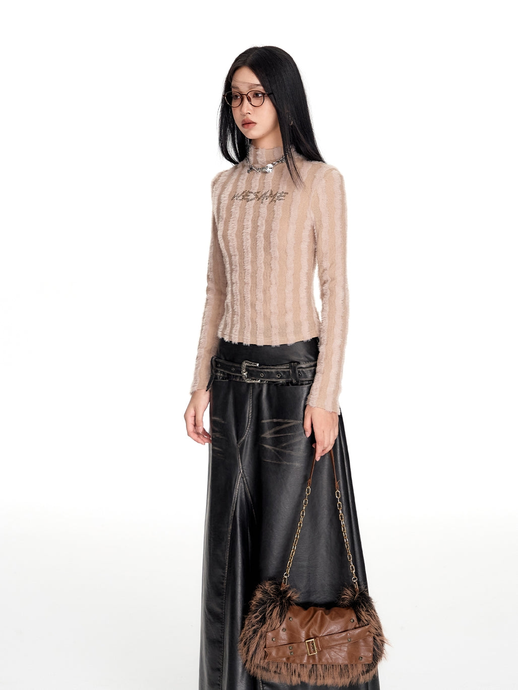 High-Neck Fliffily Rhinestone Slim Mohair-Knit