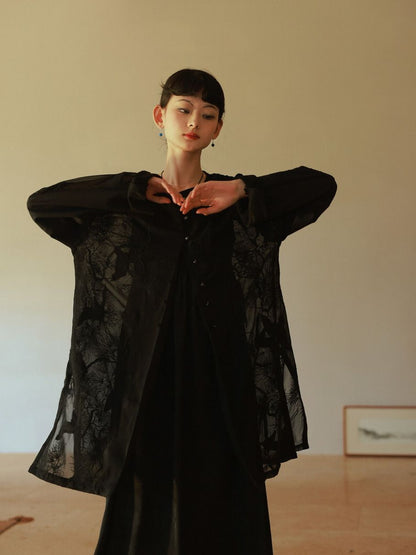 Embroidery Flower Sheer Oversize Shirt