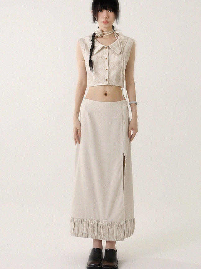 Tops&amp;Long-Skirt Sleeveless Flower Rose Retro Cropped Set-Up