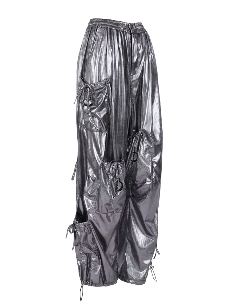 Glossy Metallic Drawstring Vasual Wide-Pants