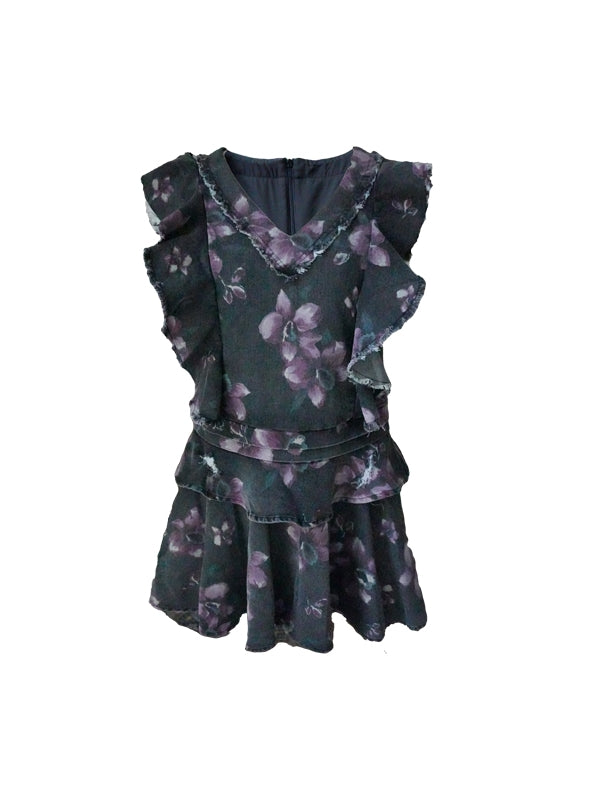 Chic Flower Ruffle Retro Denim One-Piece