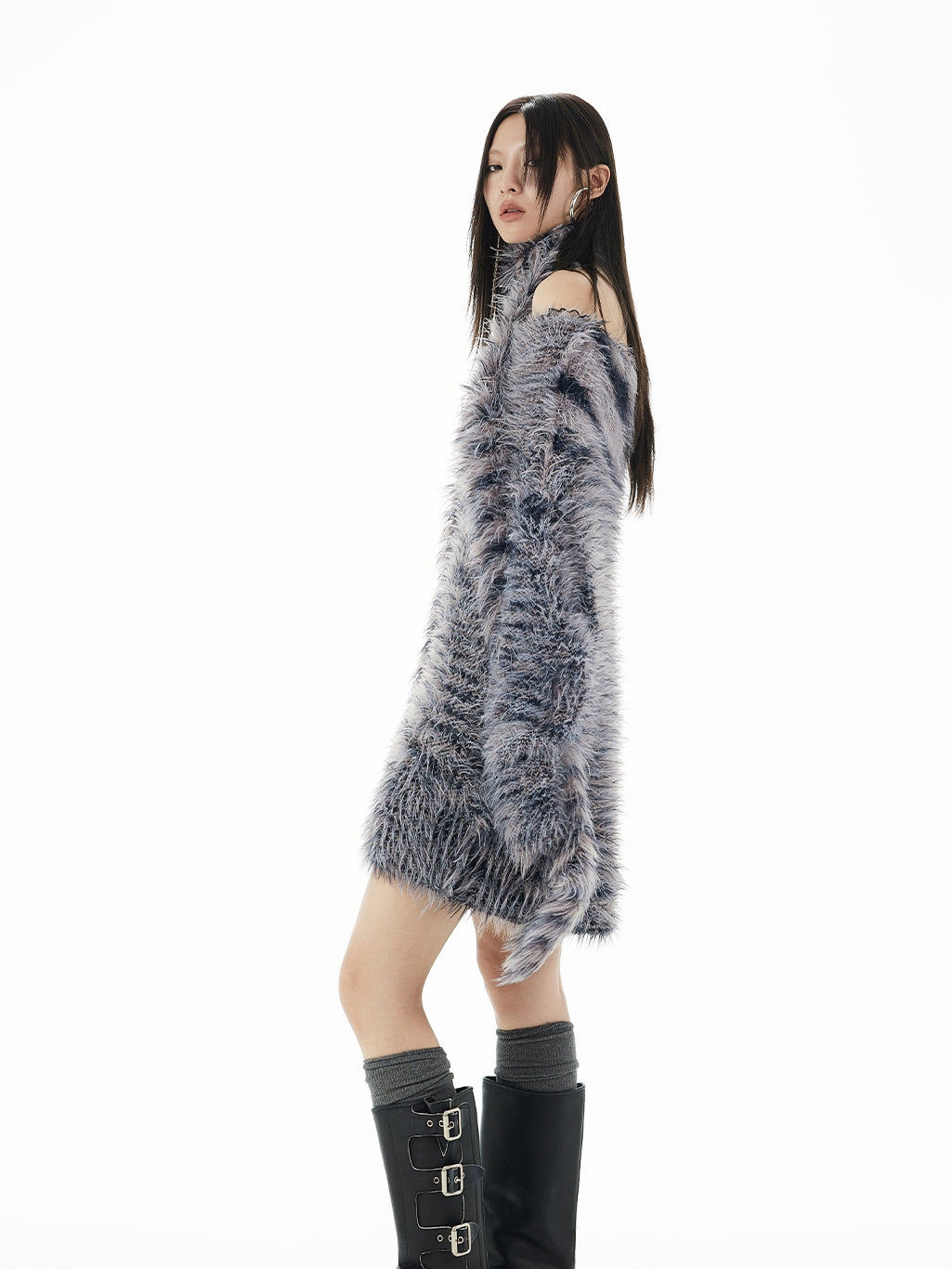 Fluffily Oversize One-Shoulder Loose Mohair-Knit＆Muffler