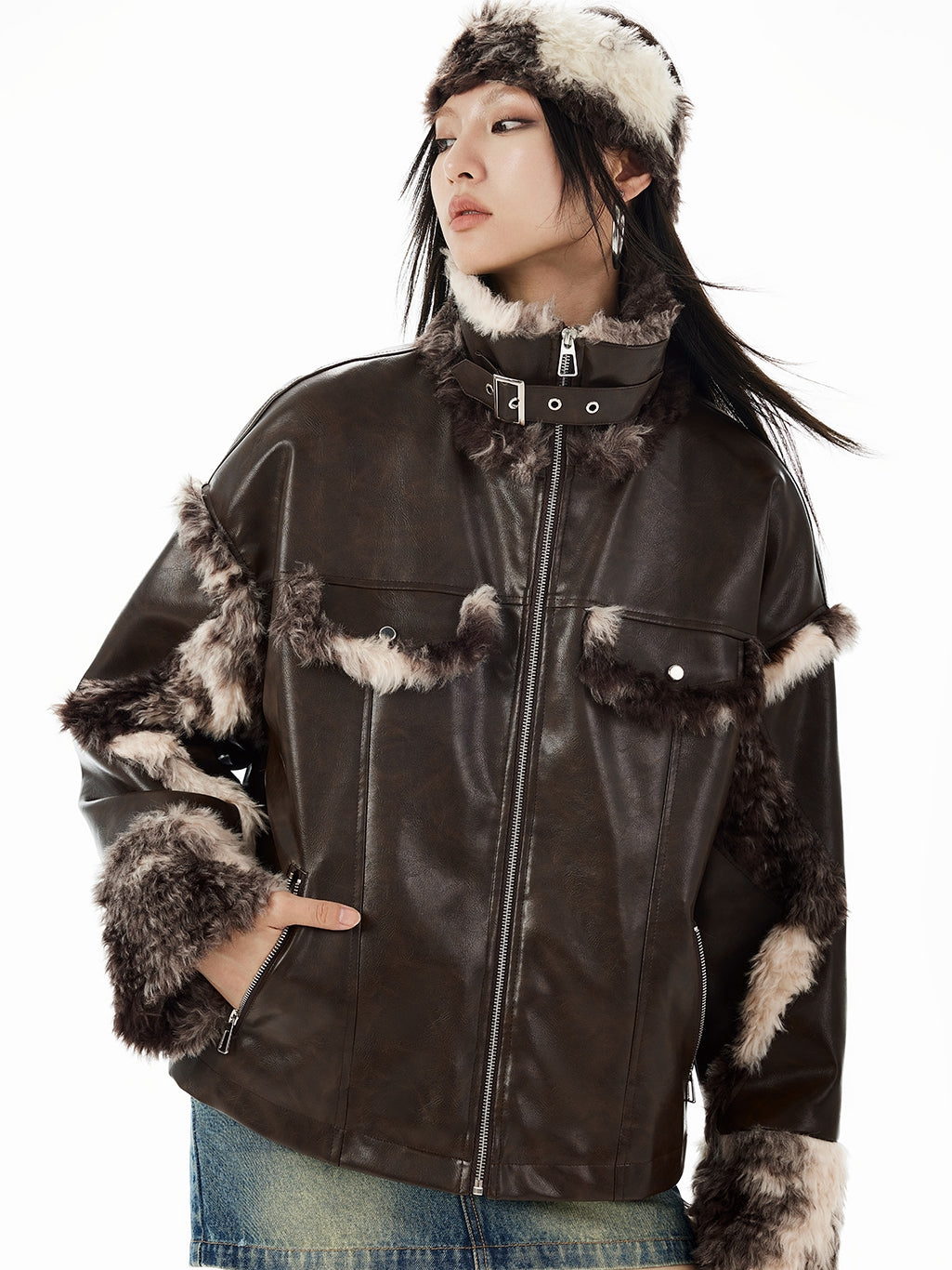 Fur Speckled Cool Stand-Collar Belt Leather-Jacket