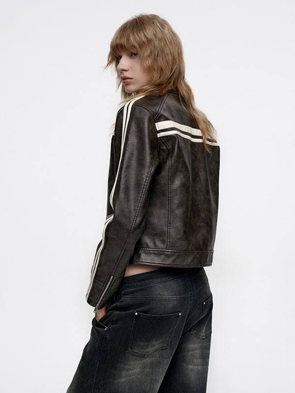 Line Casual Short Smooth Sporty Leather-Jacket