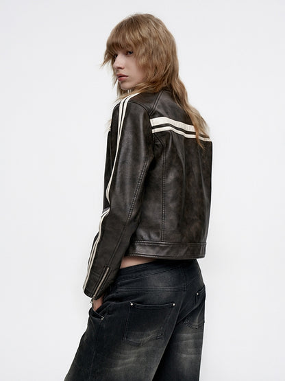 Line Casual Short Smooth Sporty Leather-Jacket