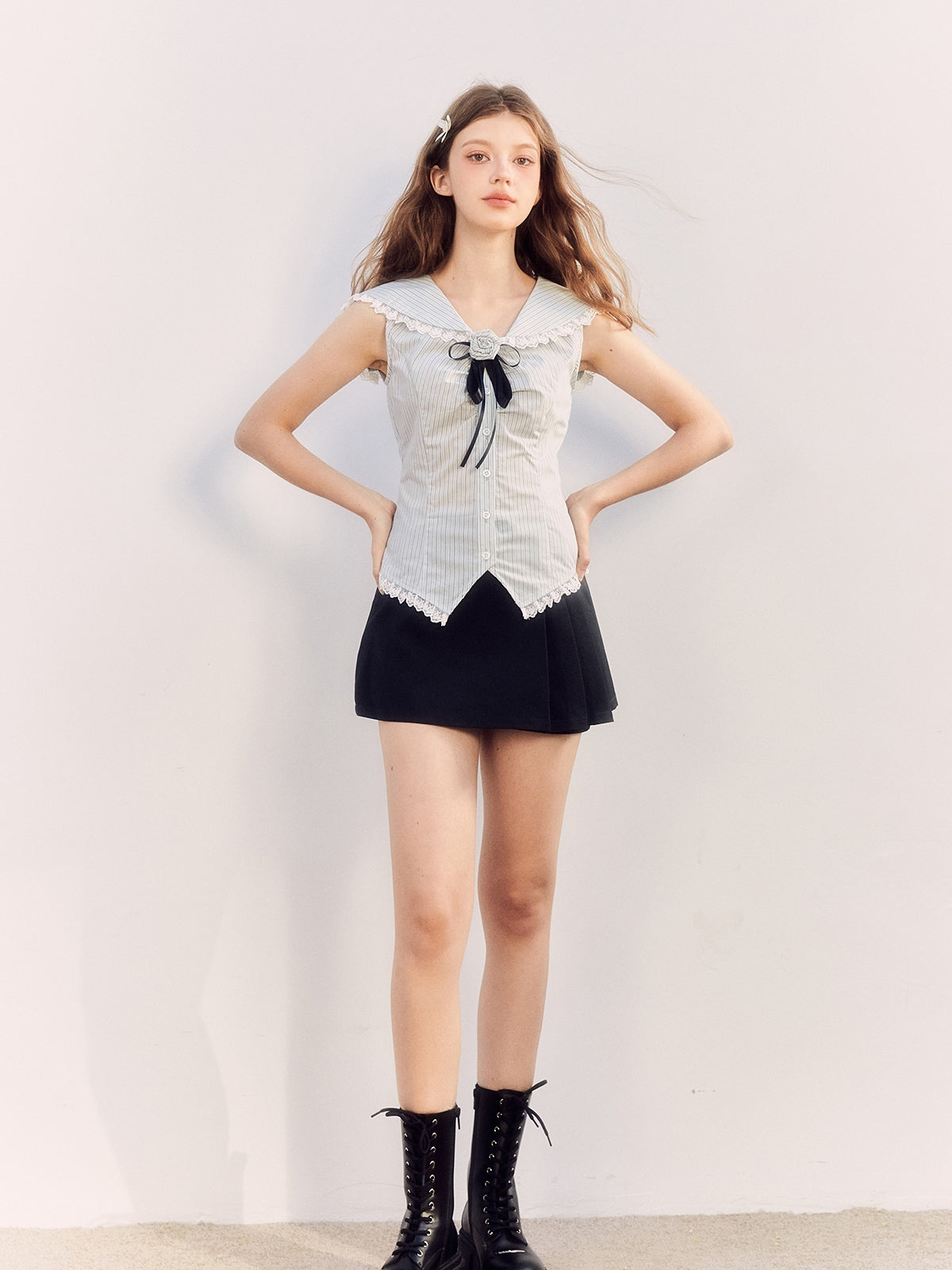 Sailor-Collar Lace Sleeveless Stripe Blouse&amp;Pants