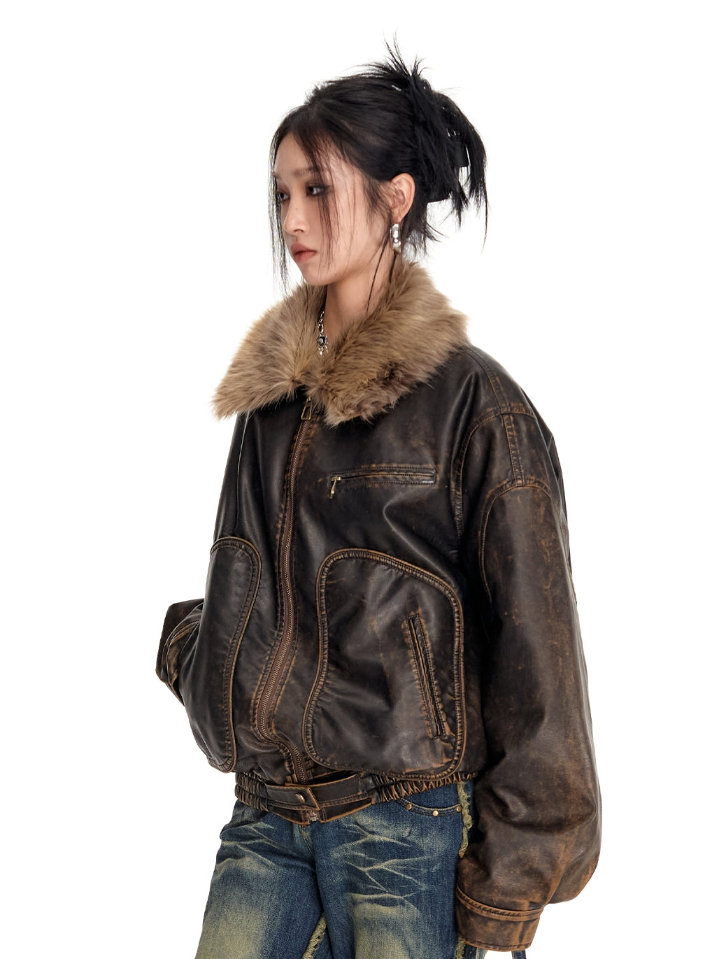 Leather Handsome Fur-Collar Faded Vintage Jacket