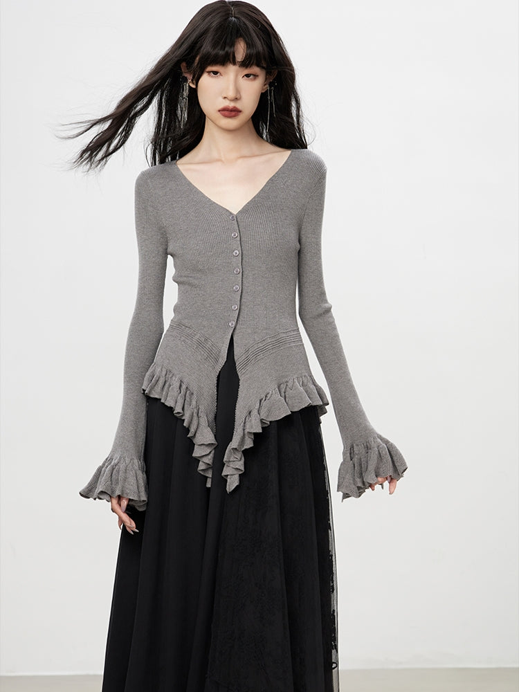 Flare-Sleeve Asymmetry Fril Ruffle V-Neck Slim Knit