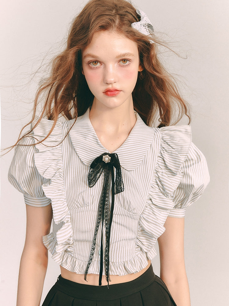 Stripe Frill Cropped Puff-Sleeve Blouse