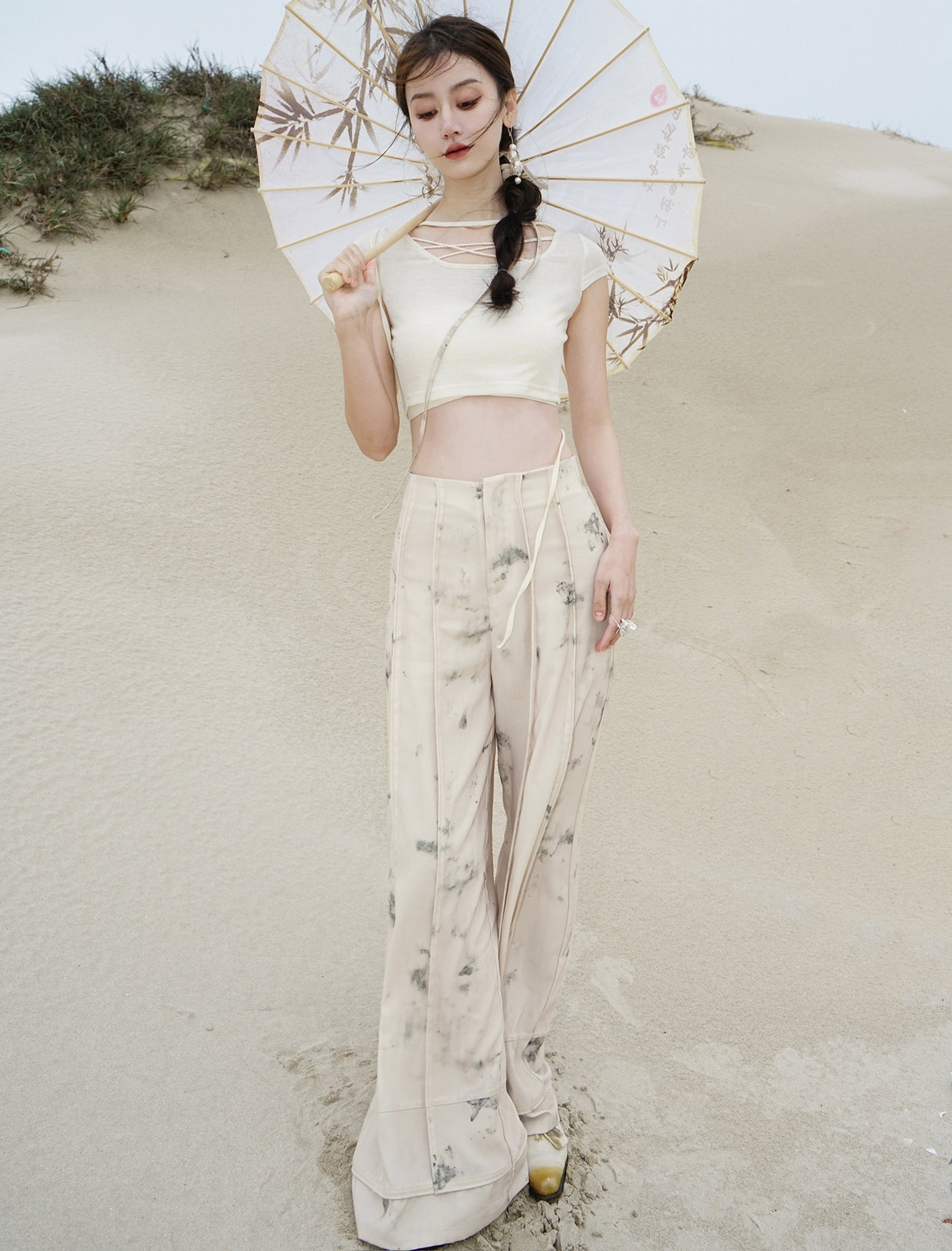 Flower Retro 2Way Classy Set-Up Blouse &amp; Wide-Pants