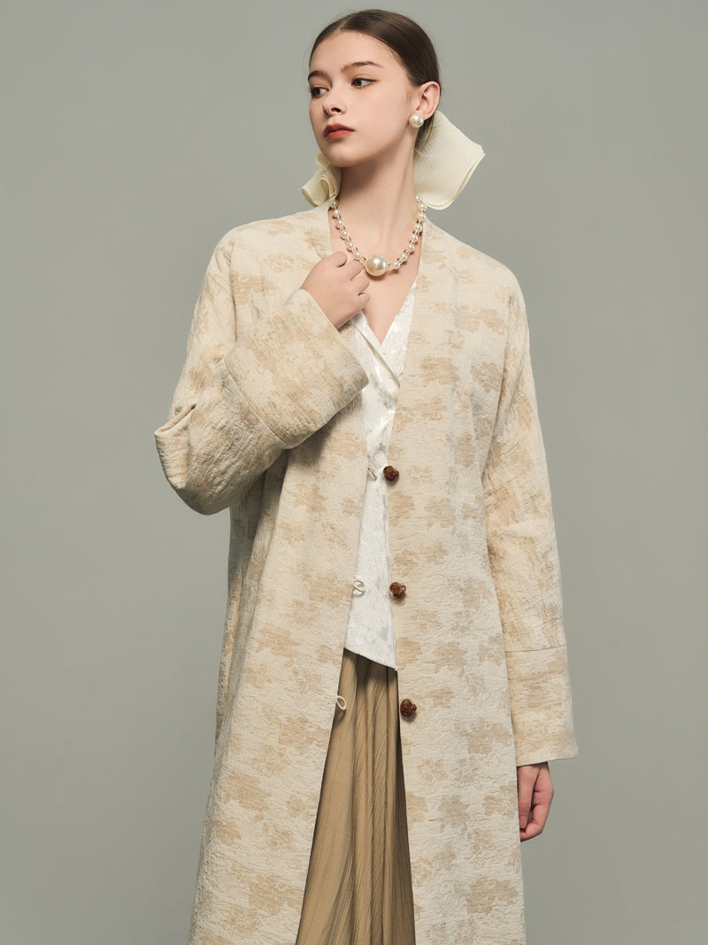 Flower Embroidery Long No-Collar Cotton Long-Coat