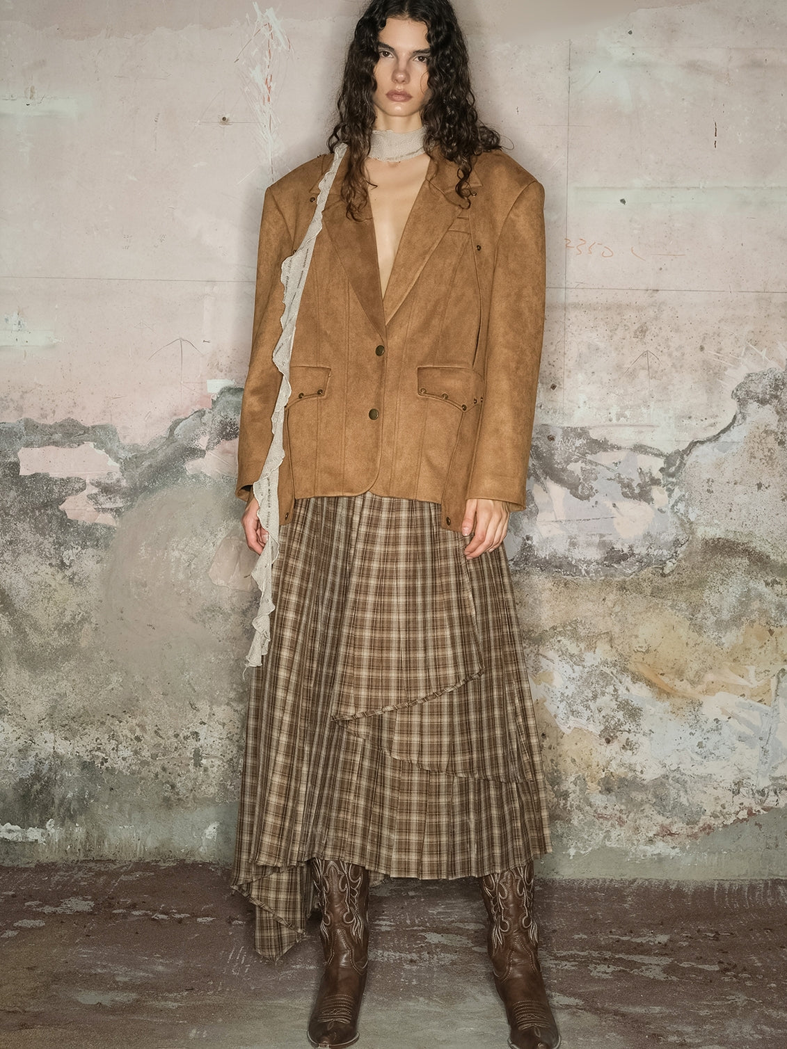 Tiered Asymmetry Checked Girly Nichi Long-Skirt