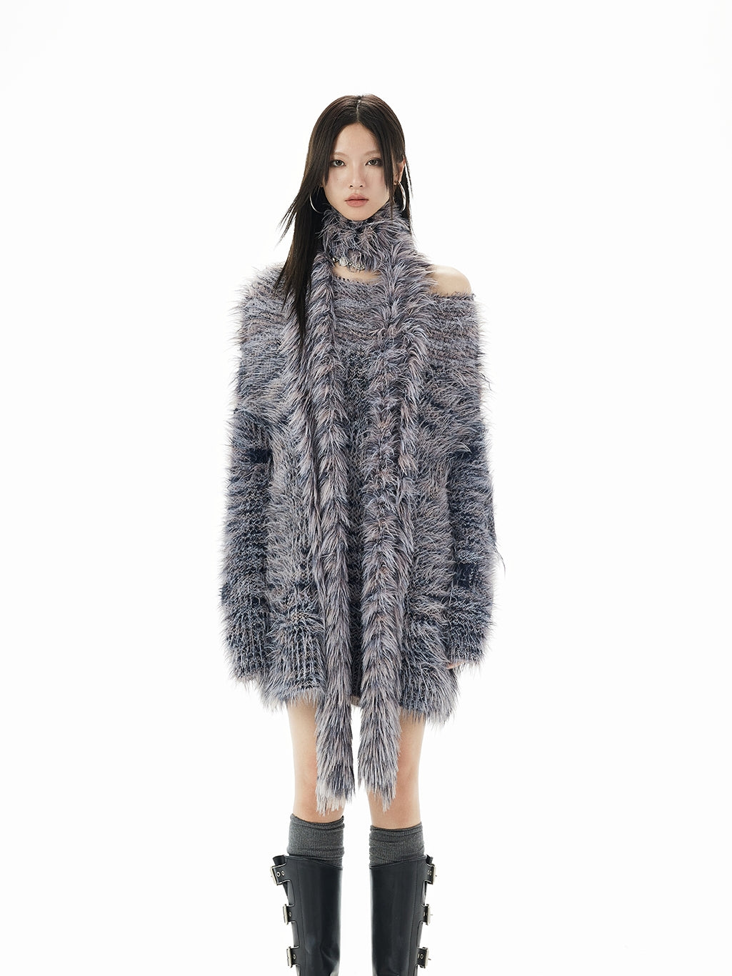 Fluffily Oversize One-Shoulder Loose Mohair-Knit＆Muffler