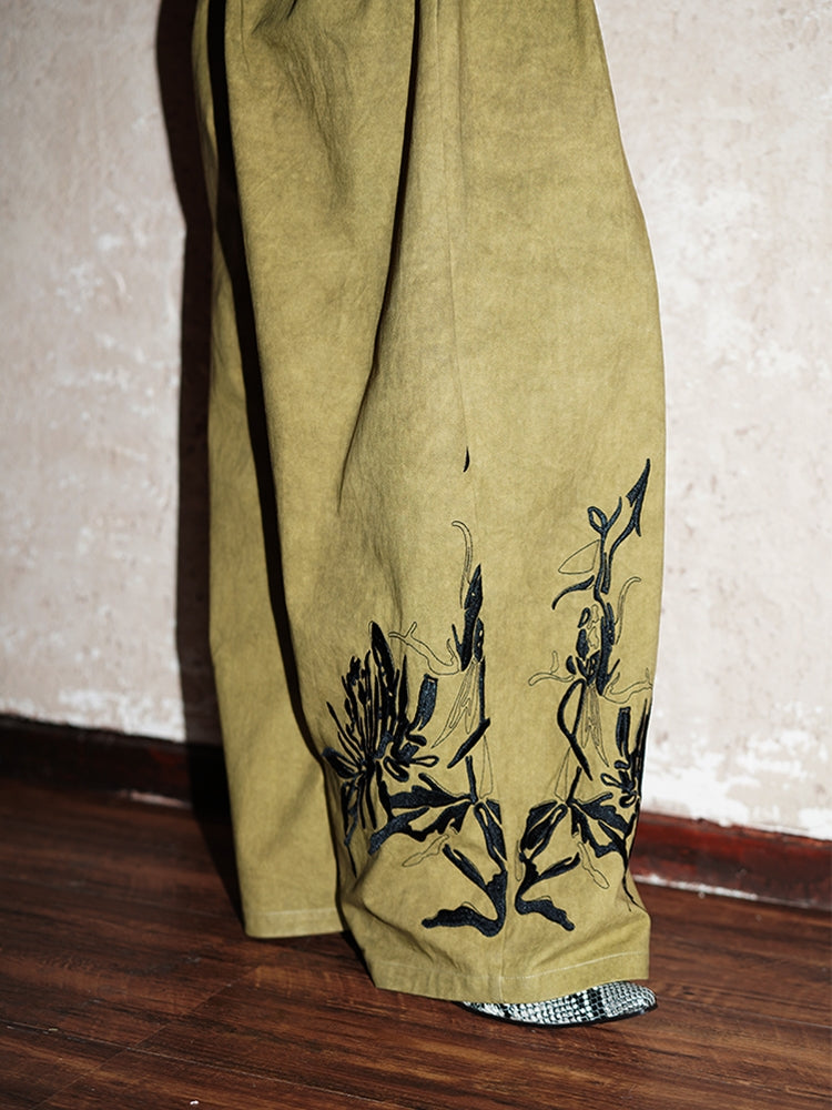 Embroidery Relax Loose Casual Retro Wide-Pants