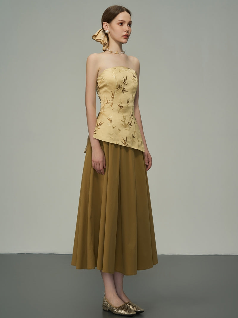 Glossy Embroidery Japanese Retrp Bare-Top &amp; Long-Skirt