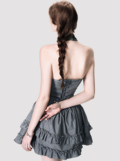 Halter-Neck Lace-Up Frill Tiered One-Piece