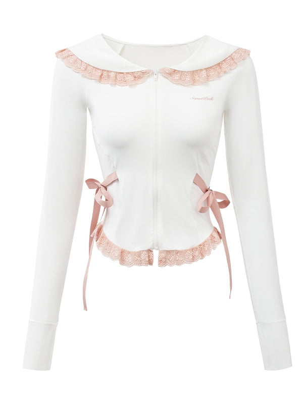 Lace-Collar Ribbon Sweet Casual Cutsew&amp;Pants