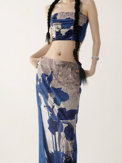 Bare-Top &amp; Long Skirt Flower Retro Nichi Summer Sett-op