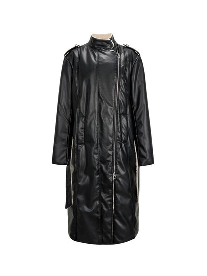 Leather High-End Boa Stand-Collar Plain Overzie Zip Long-Coat