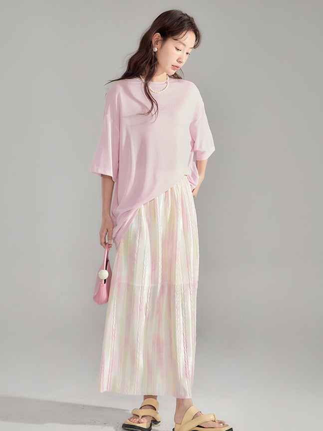 Crumply Tie-Dye Pale-Tone Thin Lng-Skirt