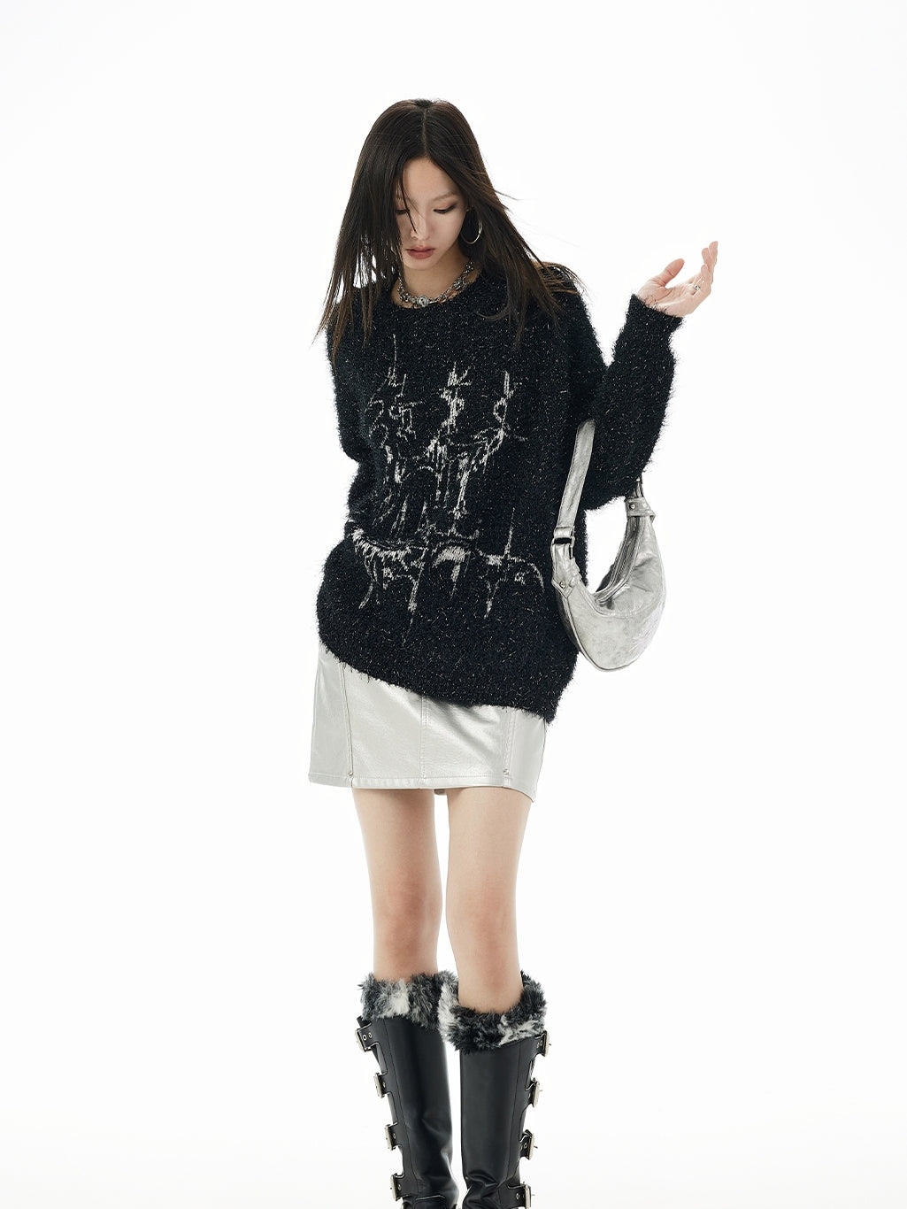 Modern Crew-Neck Long Fluffily Mohair-Knit