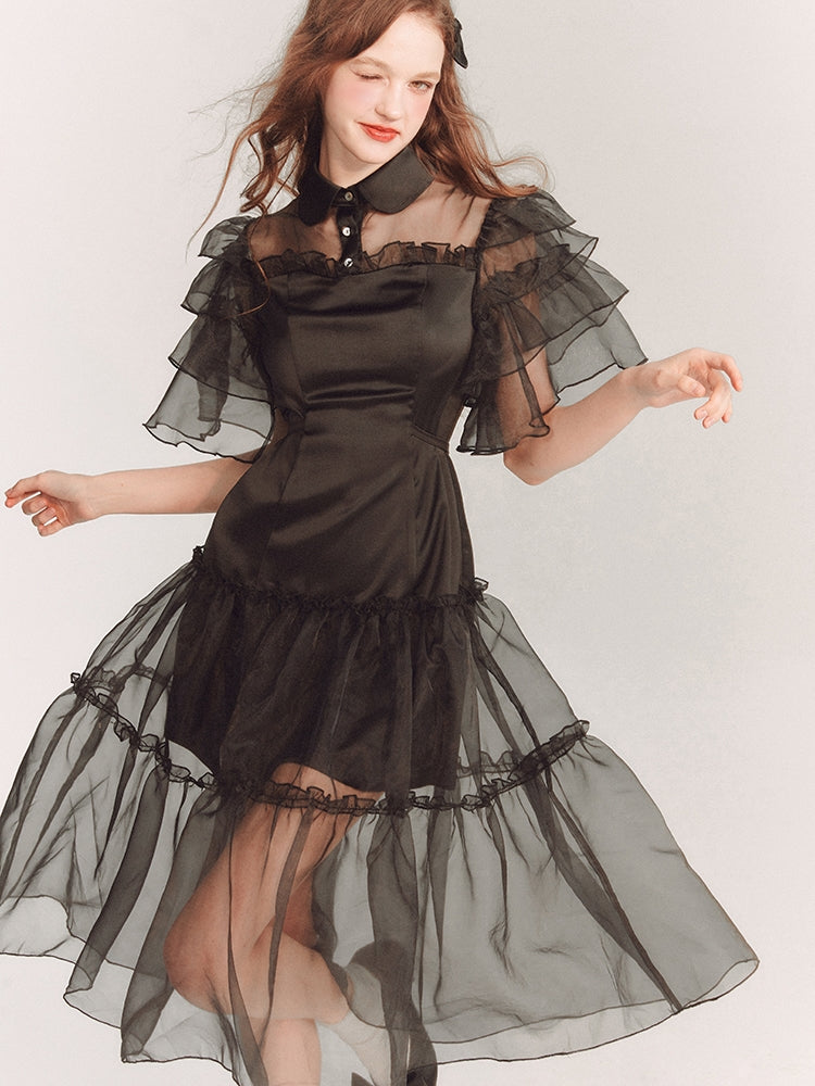 See-Through Tiered Flare-Sleeve Frill Dress One-Piece