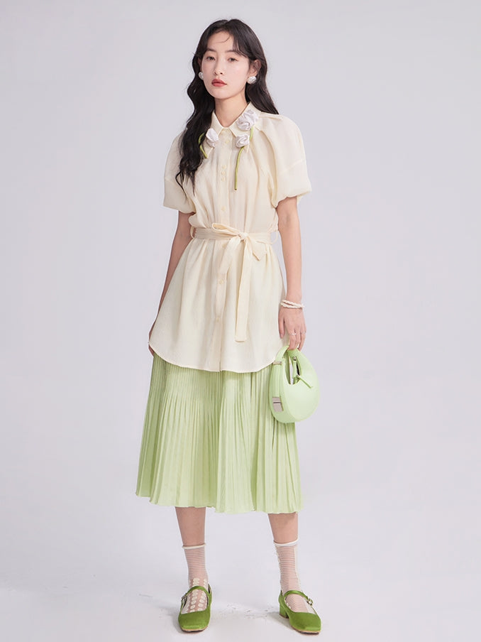 Gather Frill Puff-Sleeve Peplum Chic Blouse&amp;Long-Skirt