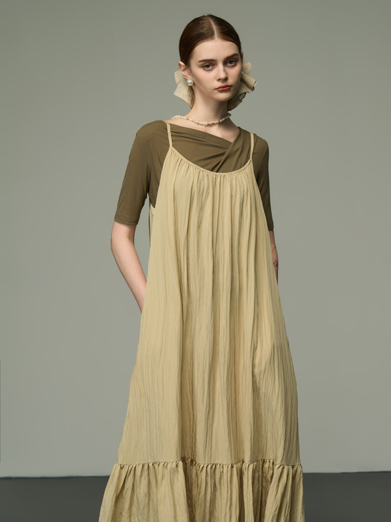 Simple Tiered Crumply Camisole Long-One-Piece